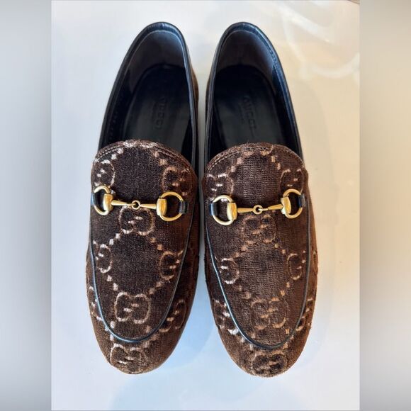 Authentic Gucci Jordaan GG Logo Brown Velvet Loafer US 6.5 EU 36.5 Flat Shoes - Picture 1 of 6